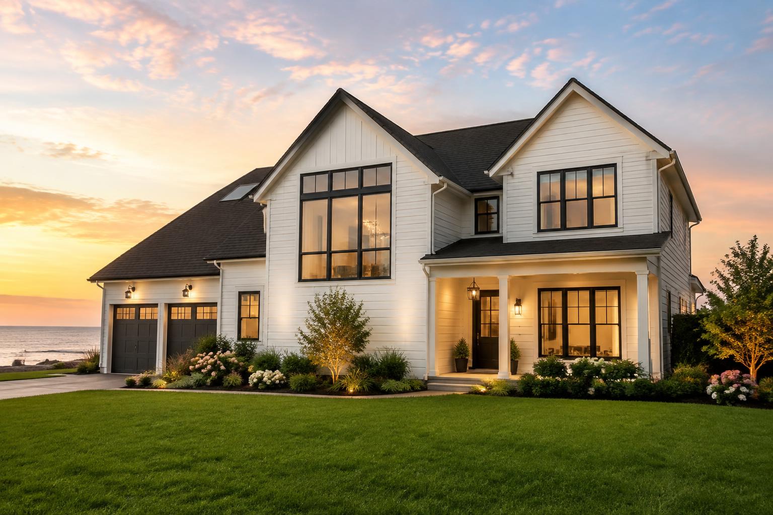 Newly built custom home at sunset
